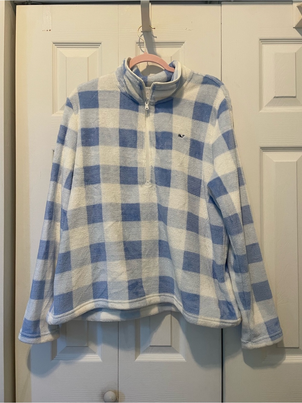 Vineyard Vines Light Blue and White Check Half-Zip Fleece Pullover